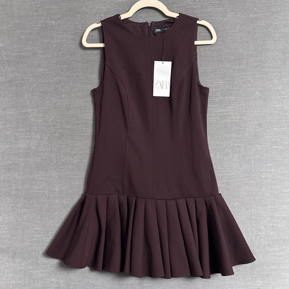 NEW Zara Dress M Purple Pleated Sleeveless Button Up Drop Waist Work Career Chic